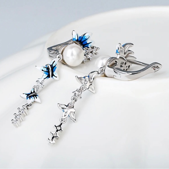Blue and White Butterflies Long Tassel Earrings 925 Sterling Silver - Picture 3 of 5